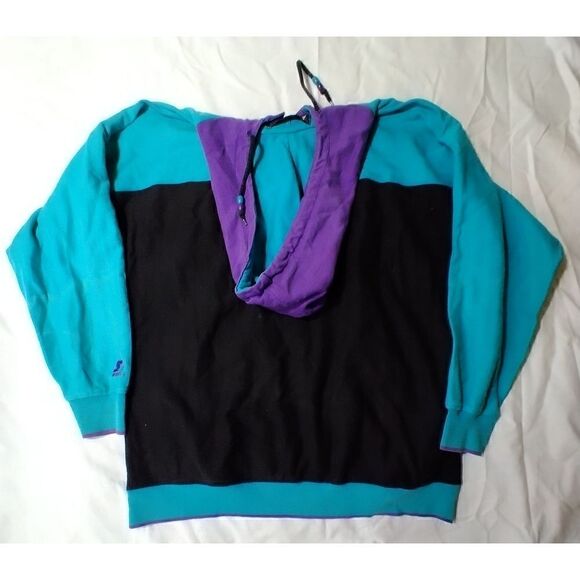 VINTAGE RETRO FIRST STARTER COTTON SIZE LARGE HOODY AQUA PURPLE BLACK PULLOVER - Picture 2 of 7